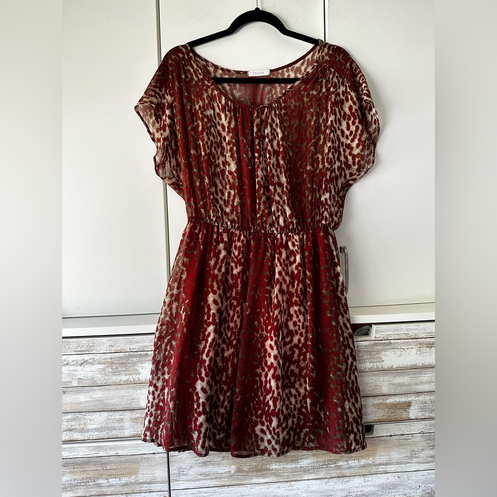 🐆 Cherish Red Animal Print Dolman Sleeve Mini Dress Size Large
